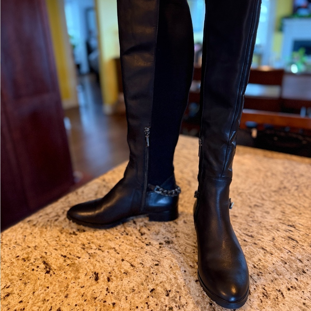 NWT Karl Lagerfeld Black Over-the-Knee Leather Boots with Chain Detail - Picture 10 of 10